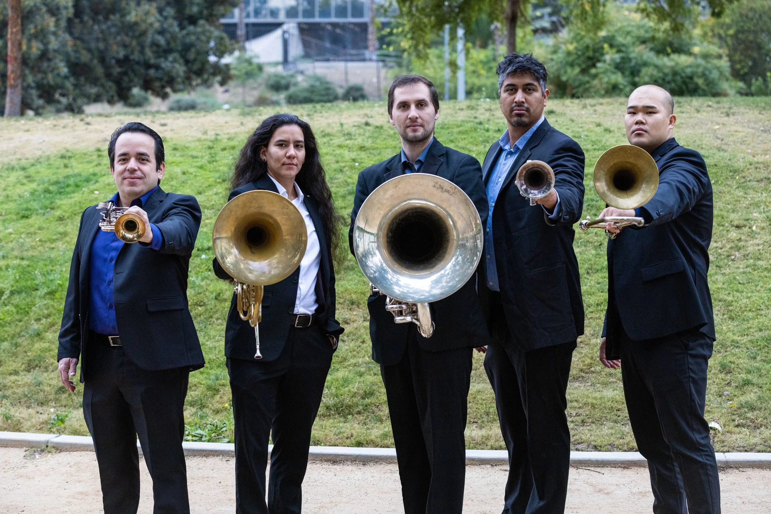 Brass instruments held up